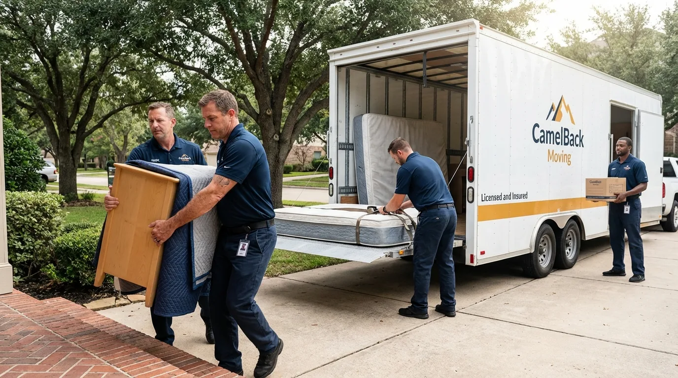 Crew loading residential truck for cross-state move from Avon, IN