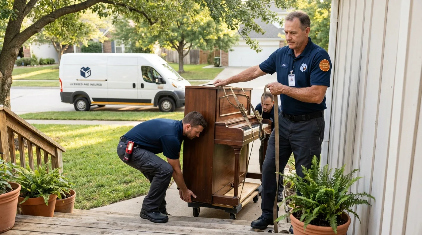 Licensed piano movers securing grand piano in Avon, IN