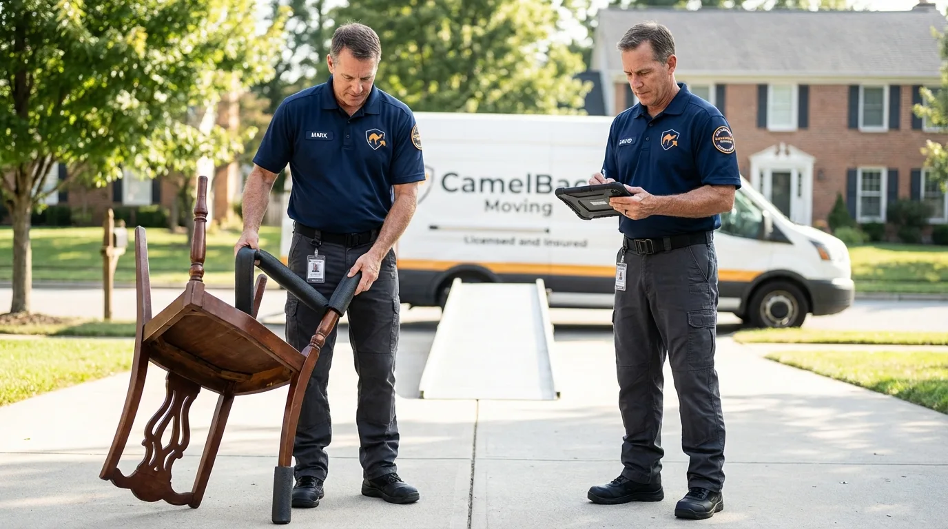 Movers inspecting furniture for damage prevention before loading in Avon, IN