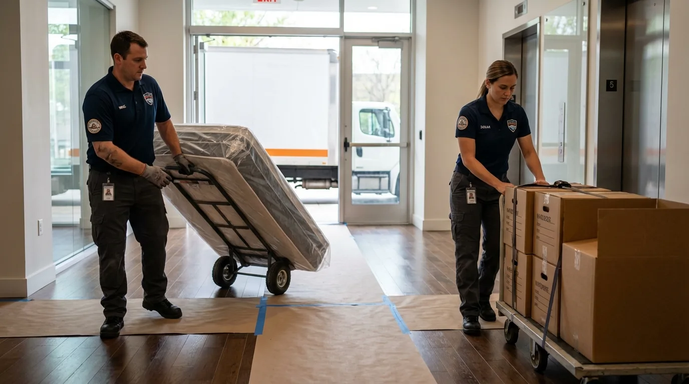 Professional apartment movers loading elevator in Avon, IN