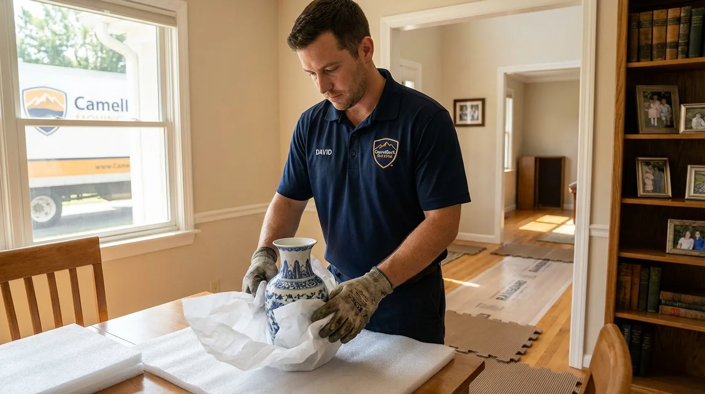 Professional crew carefully wrapping antique vase for senior downsizing move in Avon, IN